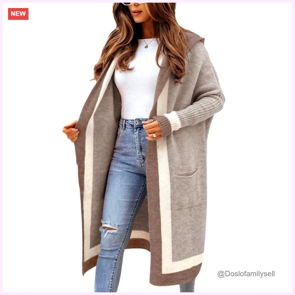 Oversized Hooded Cardigan Sweater with Pockets, Long Sleeves, Open Front